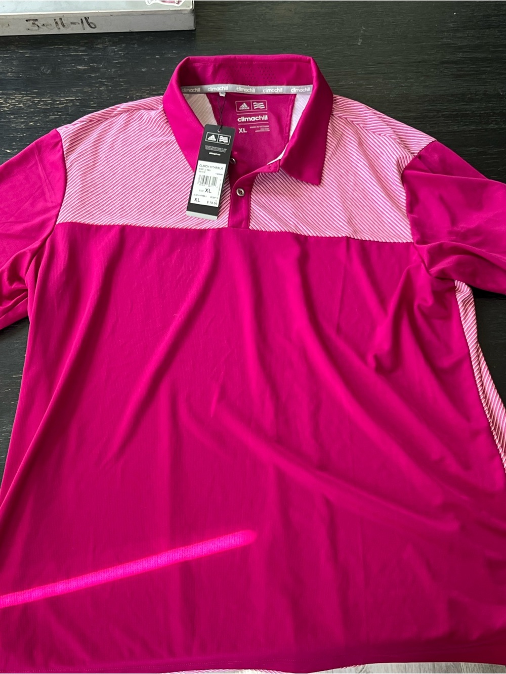 adidas Men’s Hot Pink Performance Polo with Striped Yoke